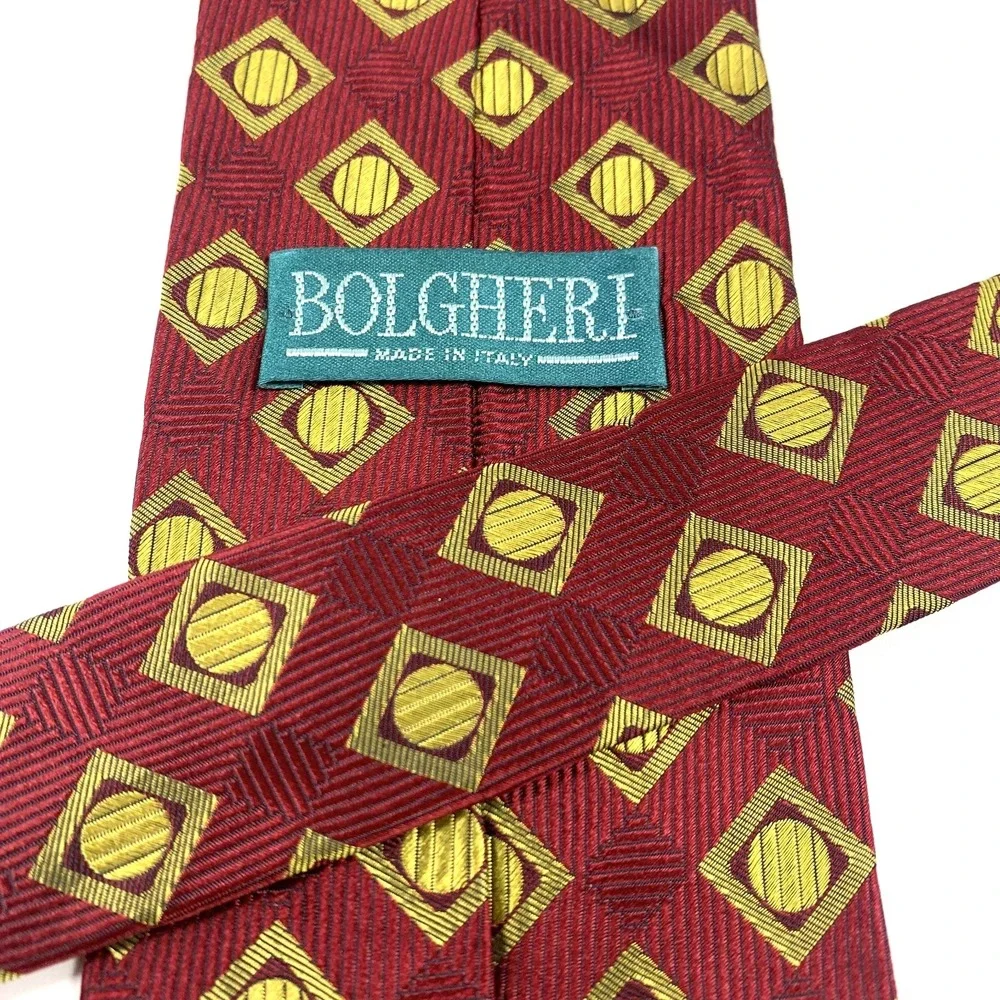 Bolgheri of Italy Mens Tie Crimson Maroon w Gold Geometric Design 100% Silk Repp